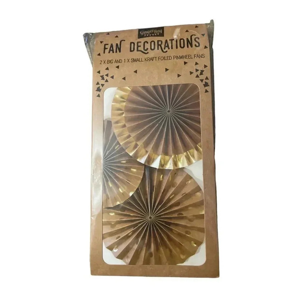 GINGER RAY FAN DECORATIONS 2 BIG AND 1 SMALL FOILED PINWHEEL FANS - Picture 1 of 2